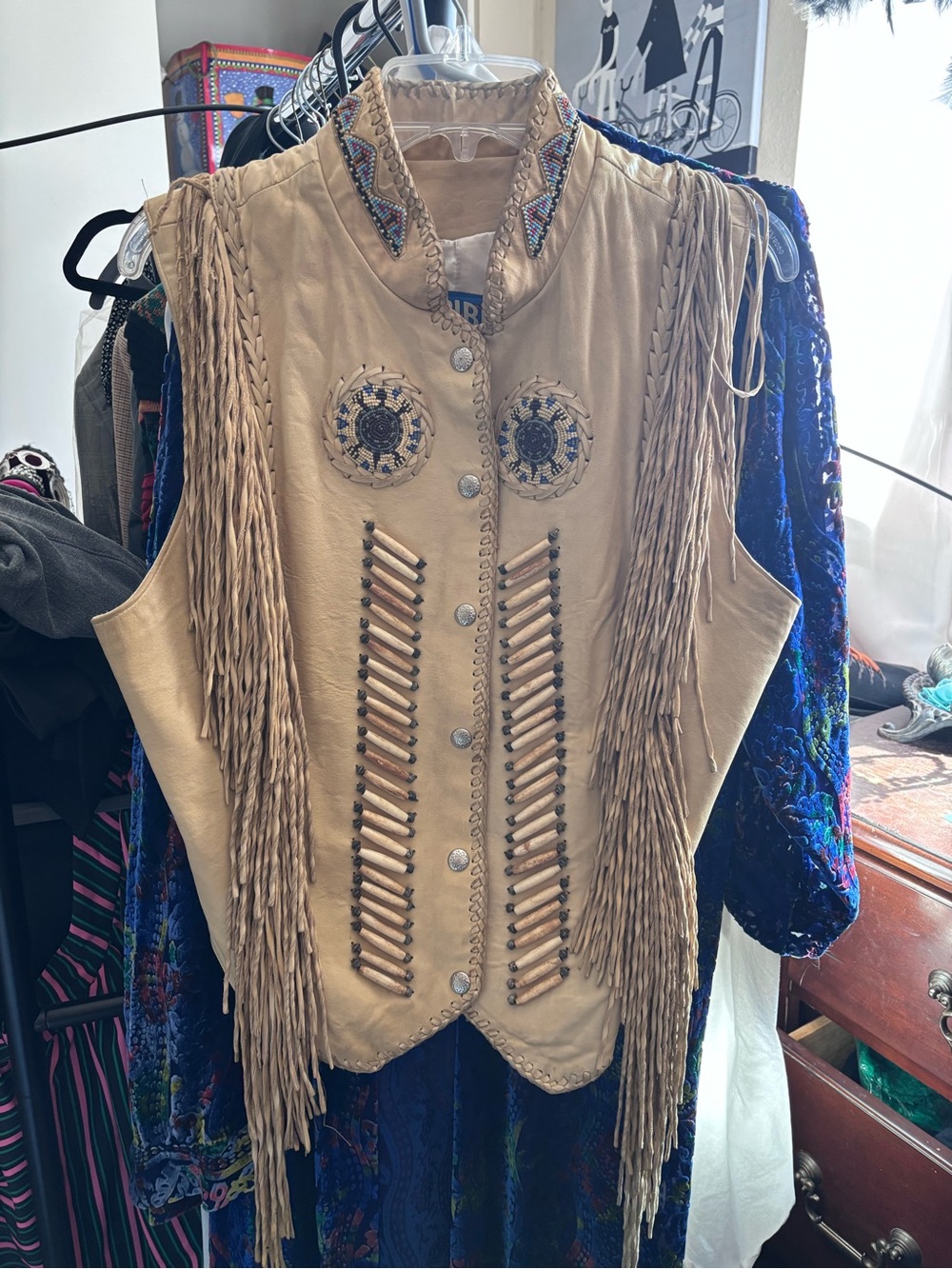 Vintage Tibe America Beaded Fringe Buckskin snap button Vest - Beige